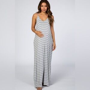 Large PinkBlush Heather Grey Striped Cami Strap Maternity Maxi Dress